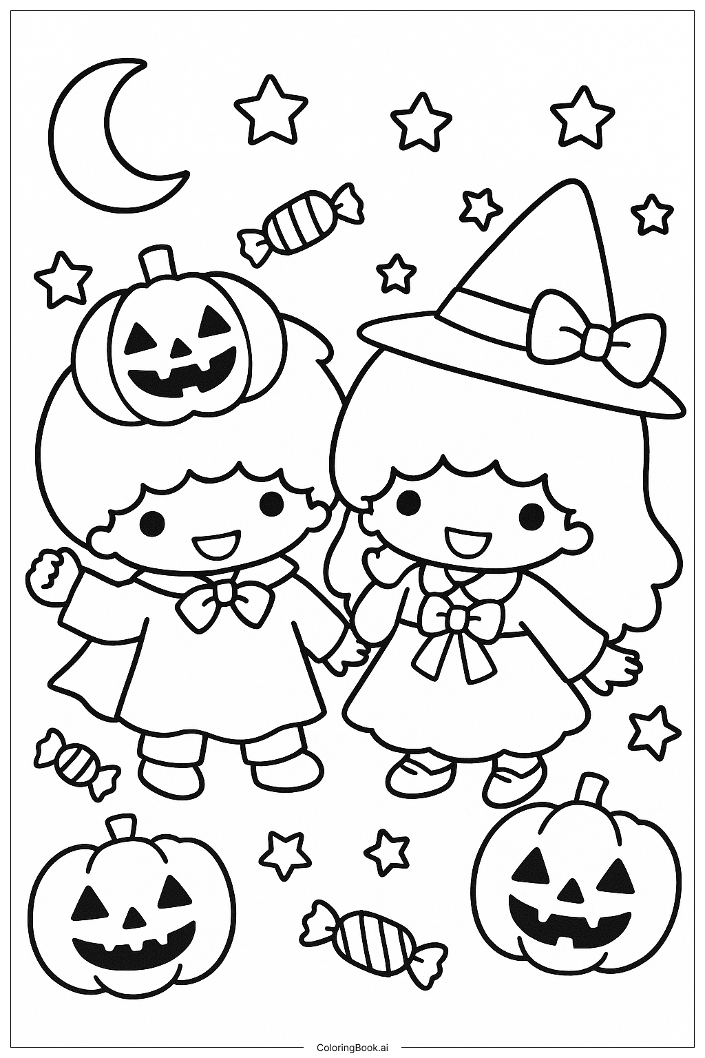  Little Twin Stars In Halloween Costumes Coloring Page 