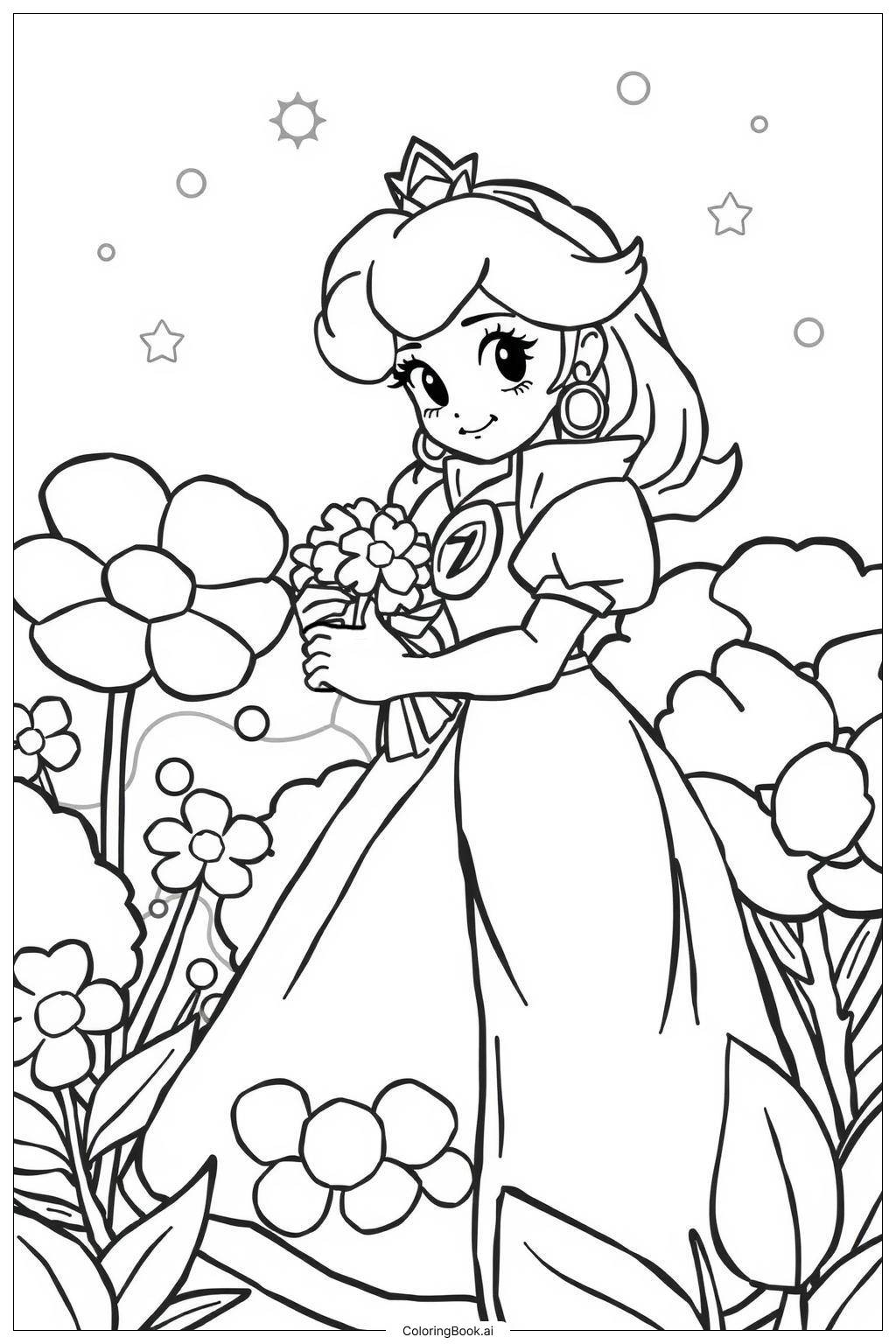  Prinzessin Peach in einem Garten voller Blumen Ausmalseite 