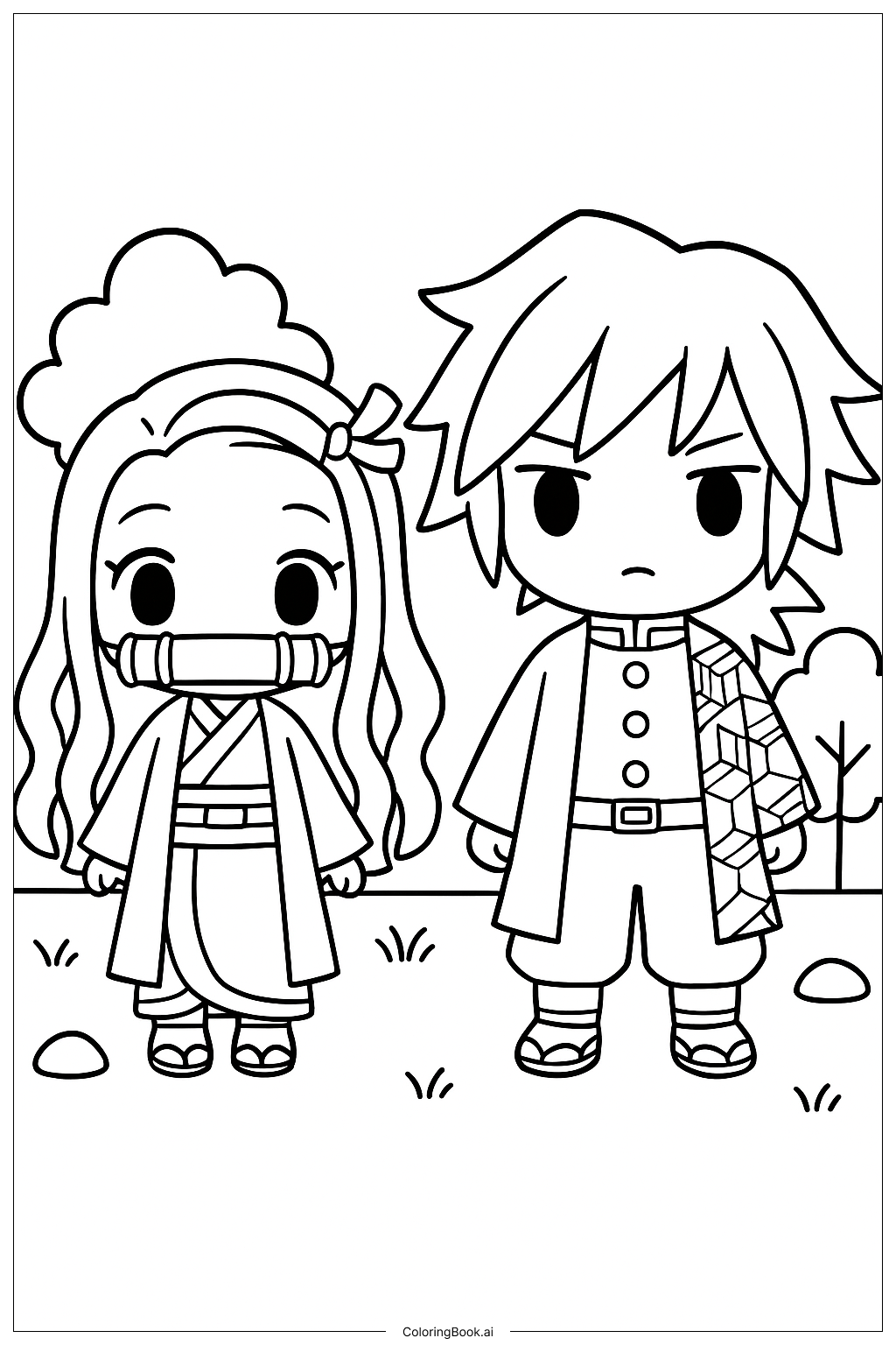 Página para colorear de Nezuko y Giyu Tomioka