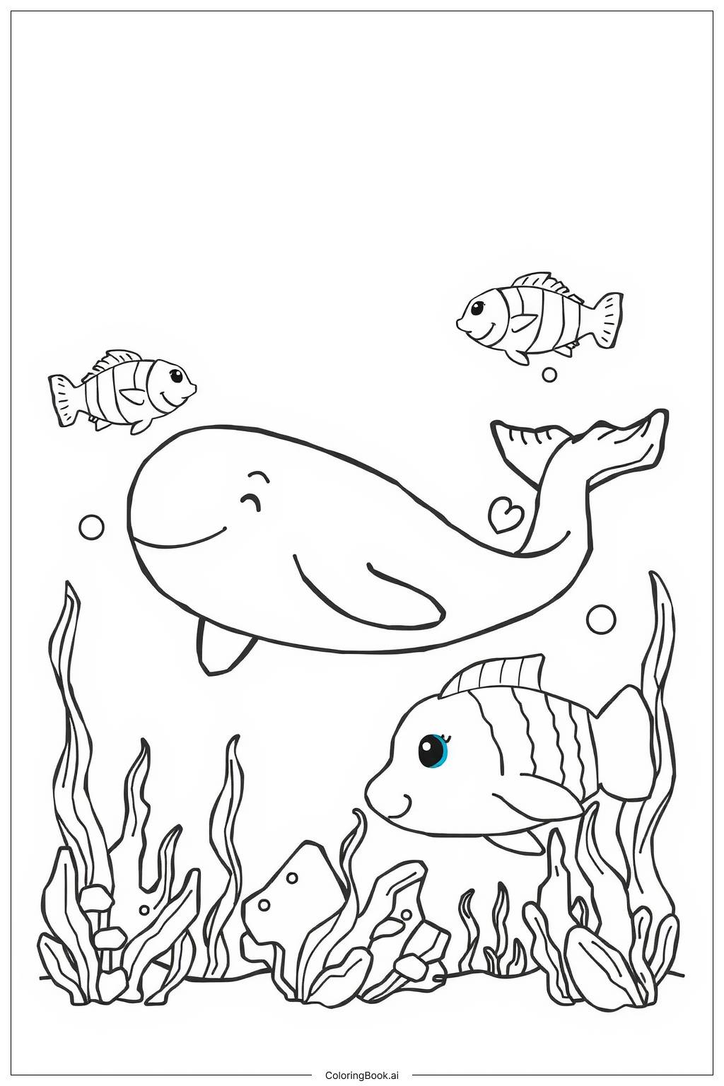  Page de coloriage Baleine et poissons amis dans un récif corallien 