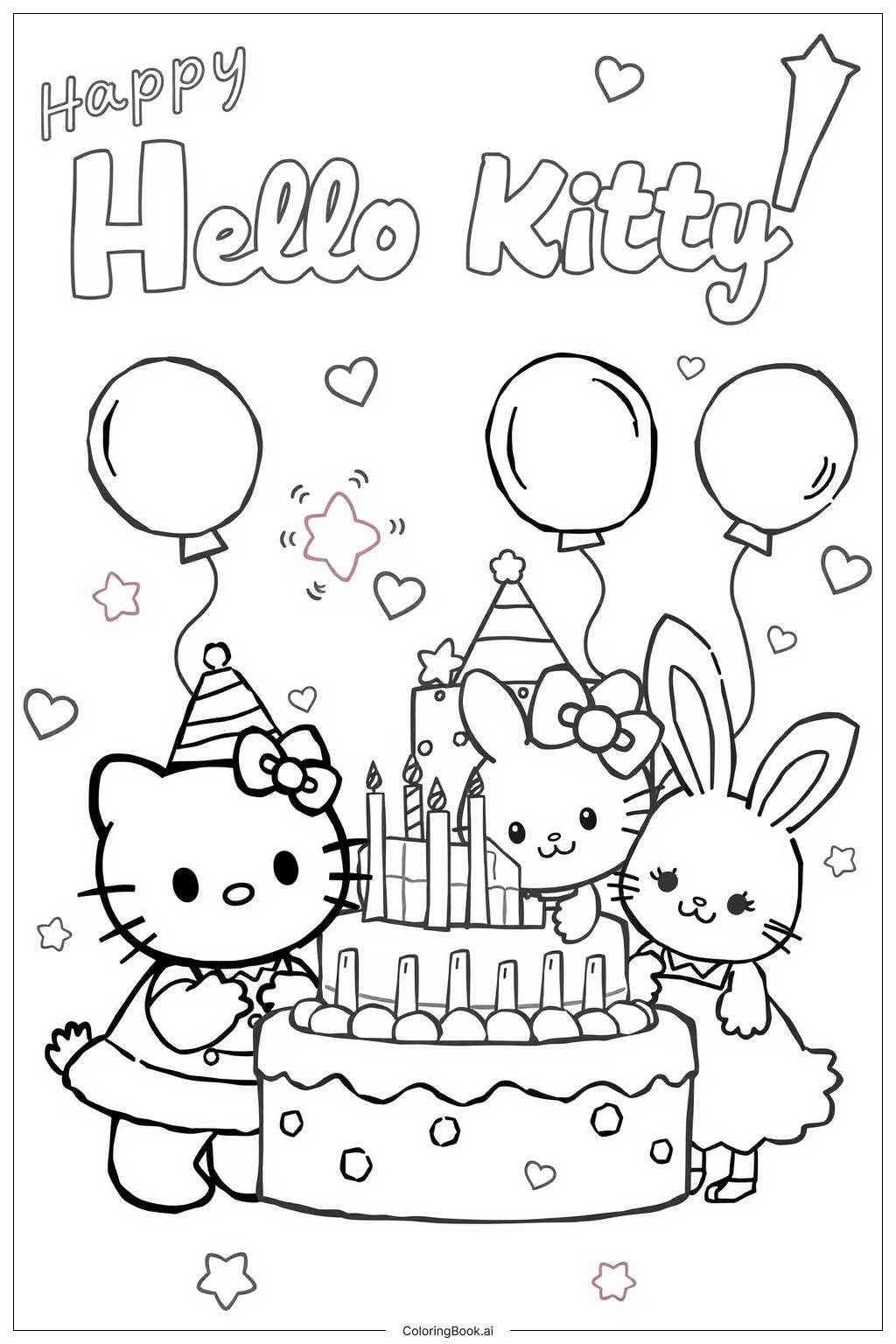  Page de coloriage hello kitty et ses amis à une fête d'anniversaire 