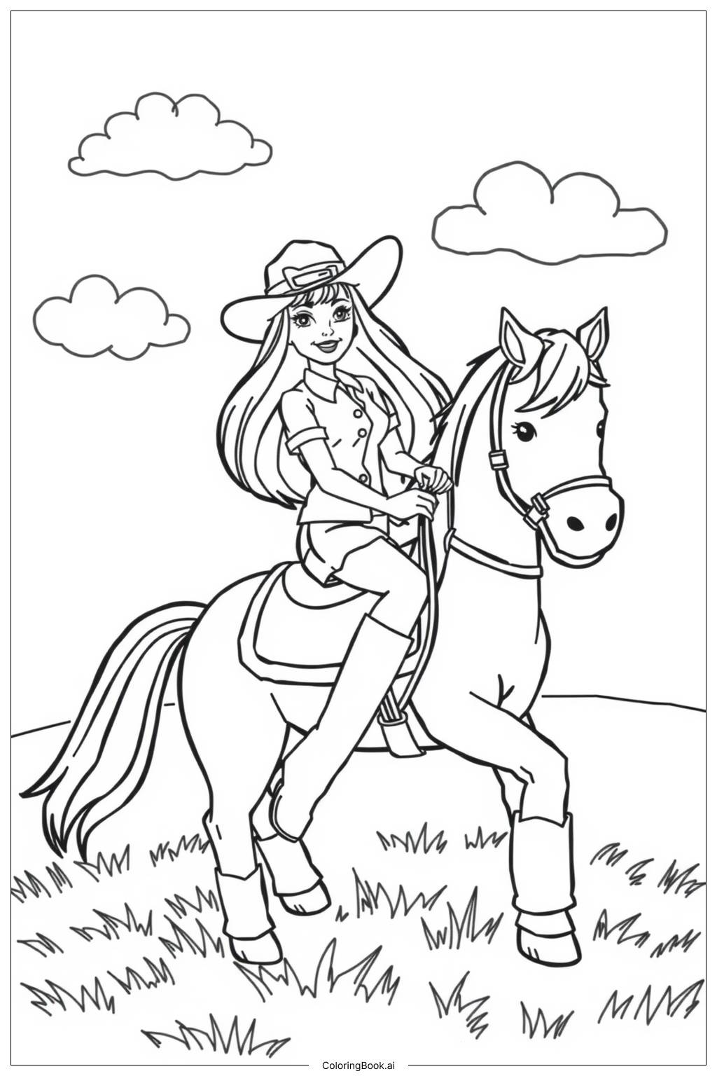  Page de coloriage barbie cowgirl montant un cheval 