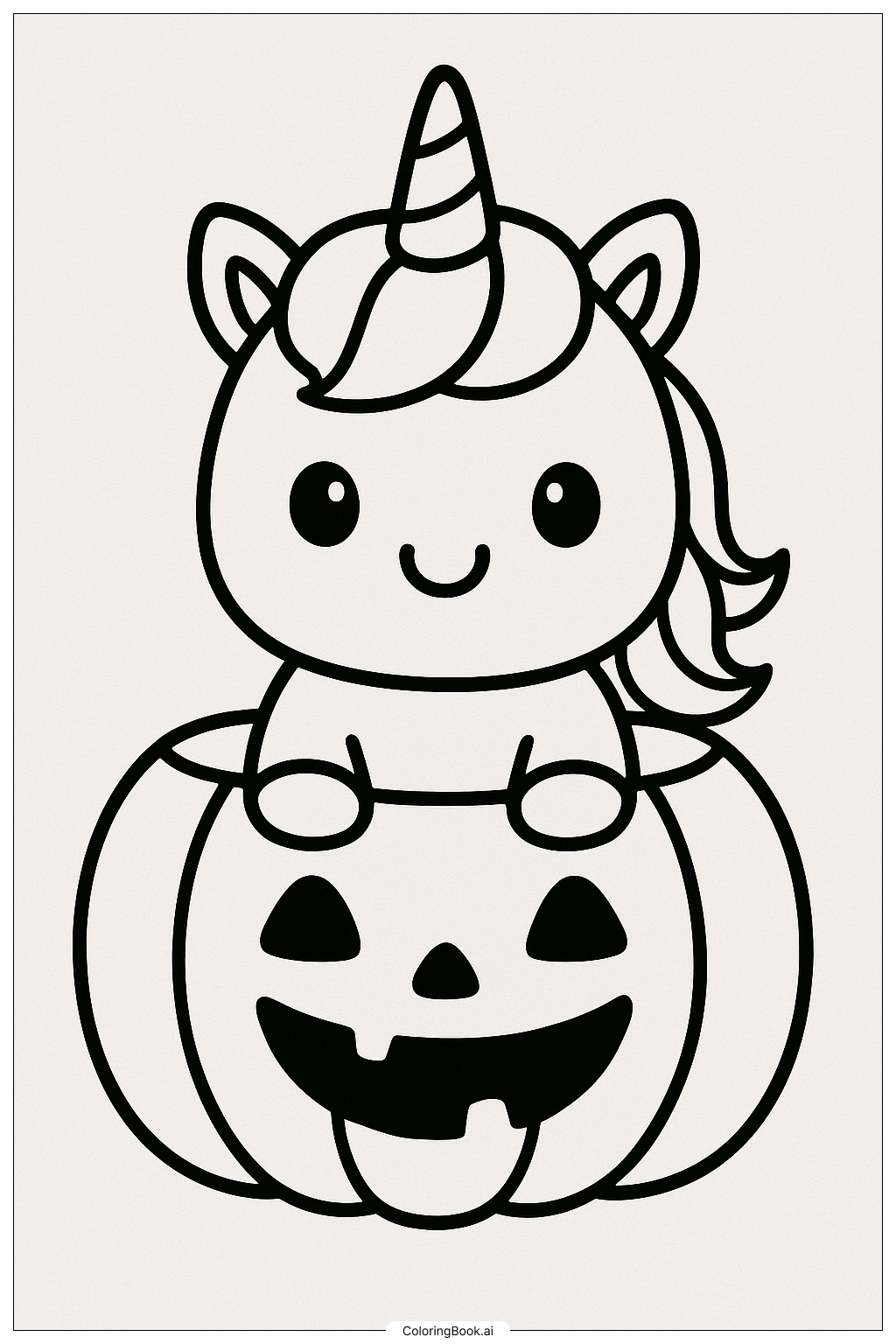  かわいいユニコーンのハロウィンパンプキンの塗り絵ページ 