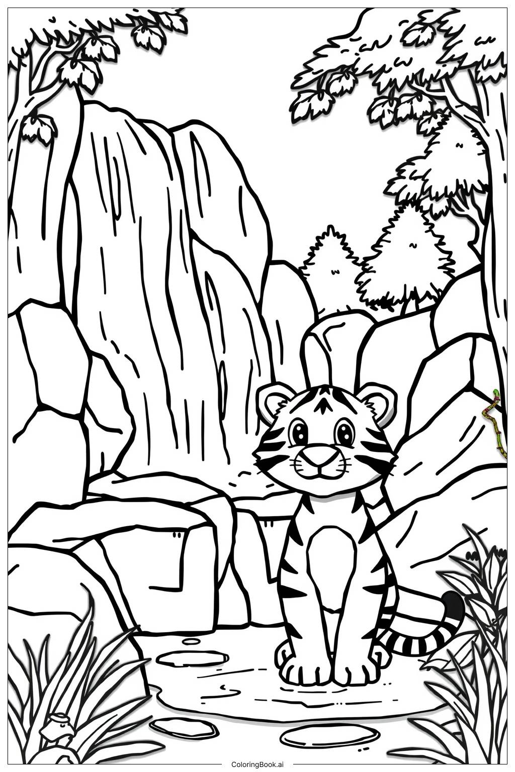  Tiger Waterfall Adventure Coloring Page 