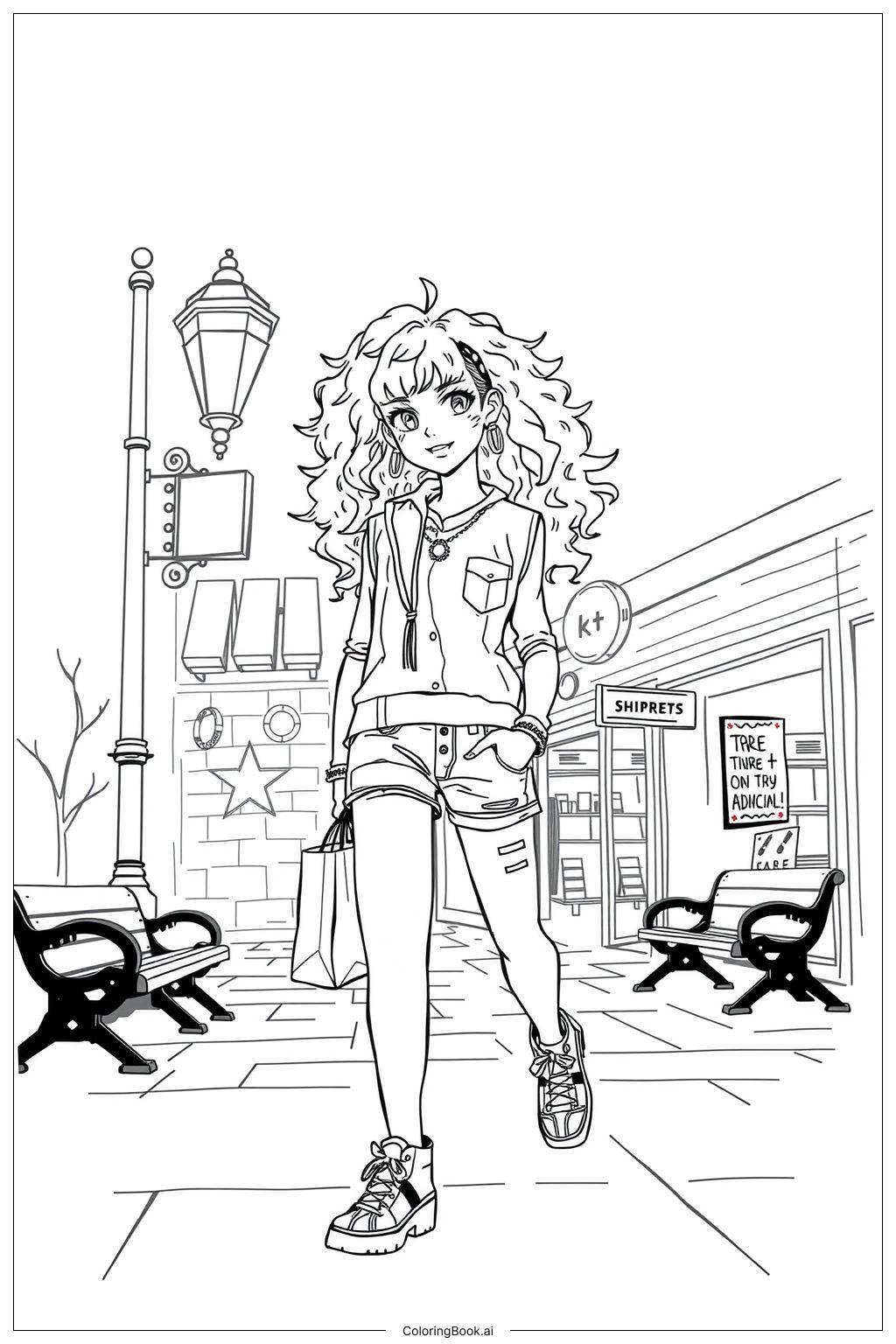  Page de coloriage Fille noire dans une scène de rue à la mode - 2 