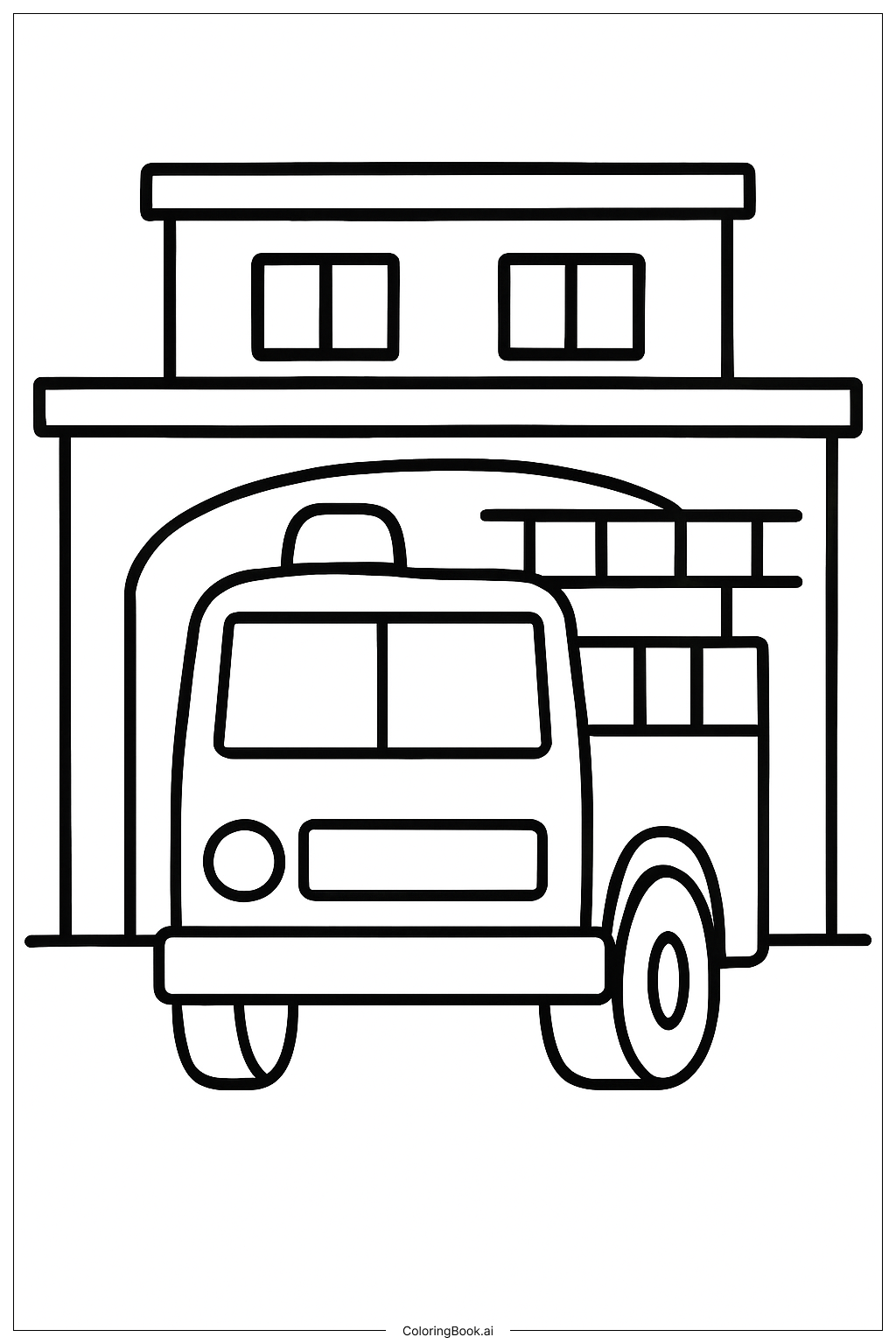  Page de coloriage Camion de pompiers garé devant la caserne 