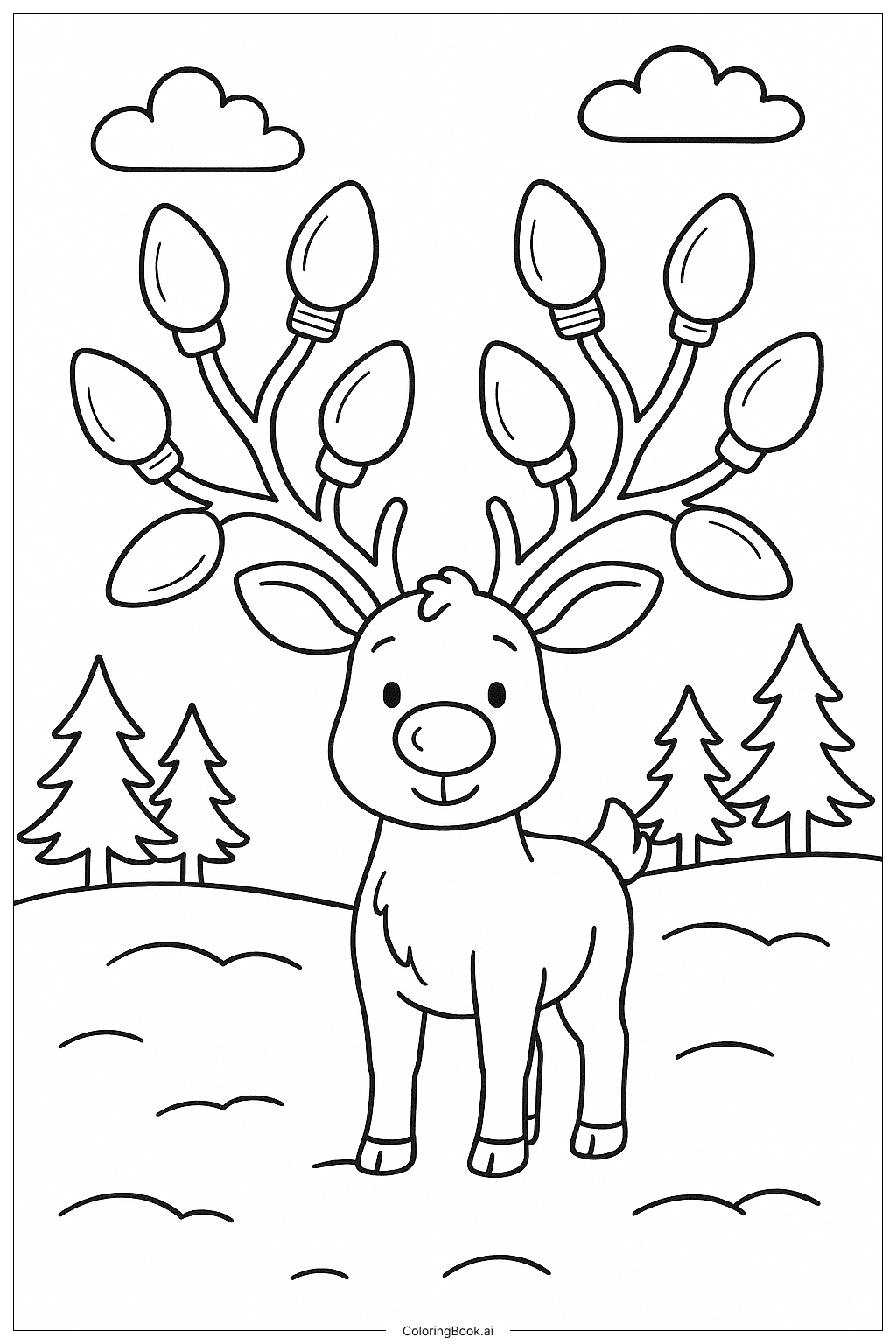  크리스마스 전구 뿔을 가진 순록 색칠공부 페이지 
