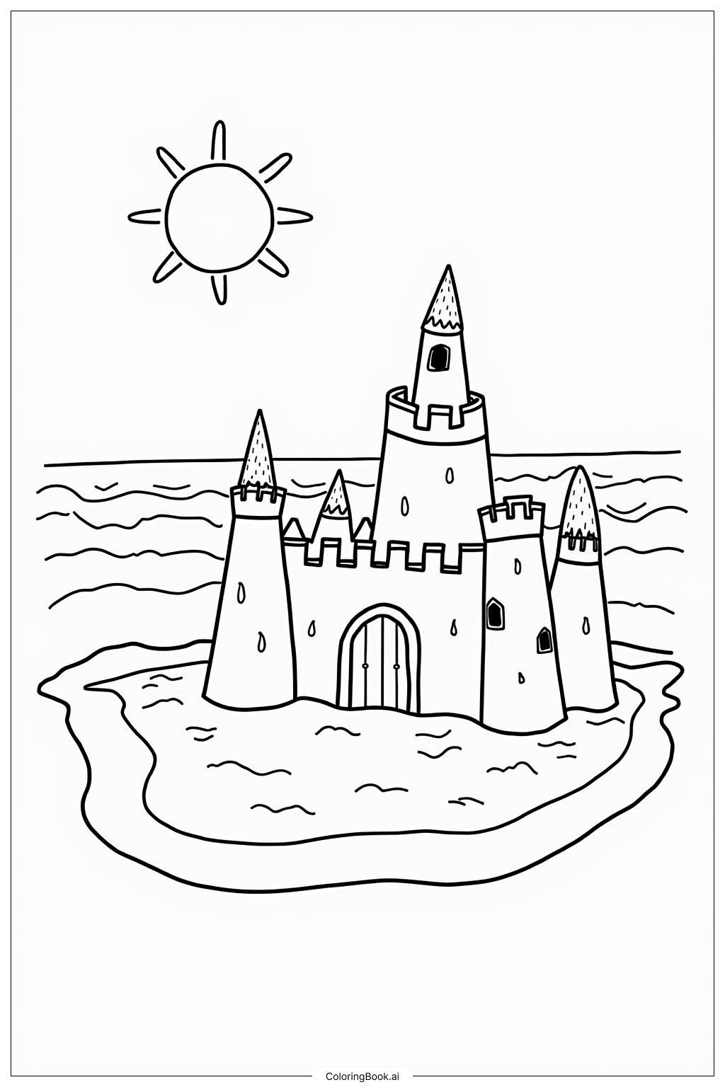  Page de coloriage Art du Château de Sable au Coucher de Soleil 