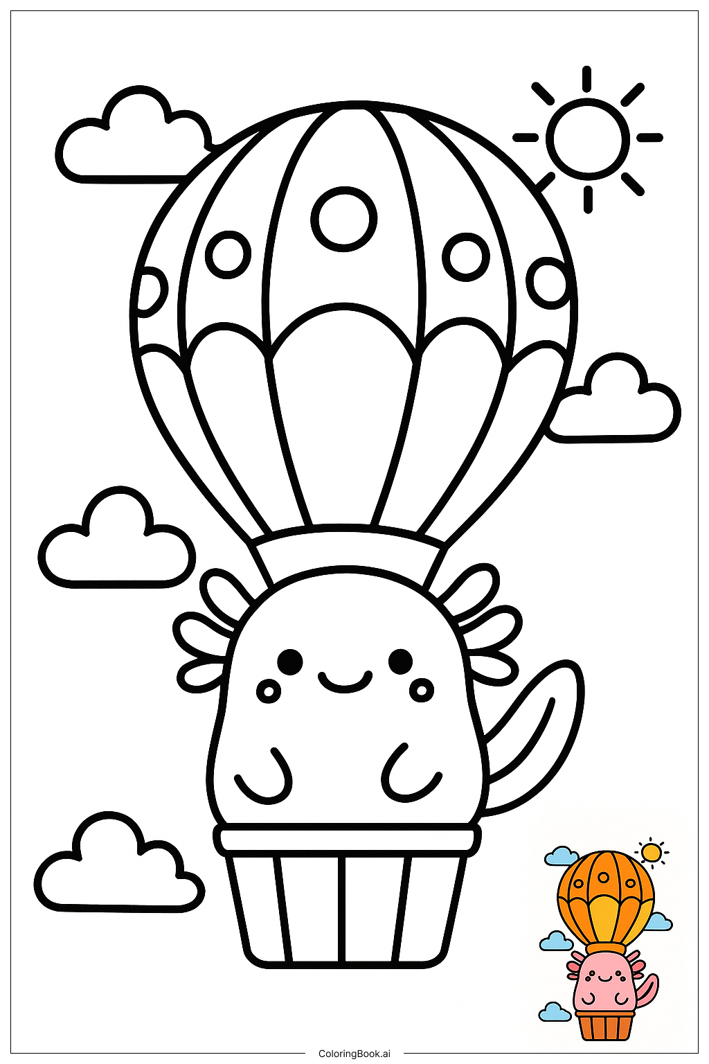  Página para colorear de Squishmallow Axolote Montando un Mini Globo Aerostático 