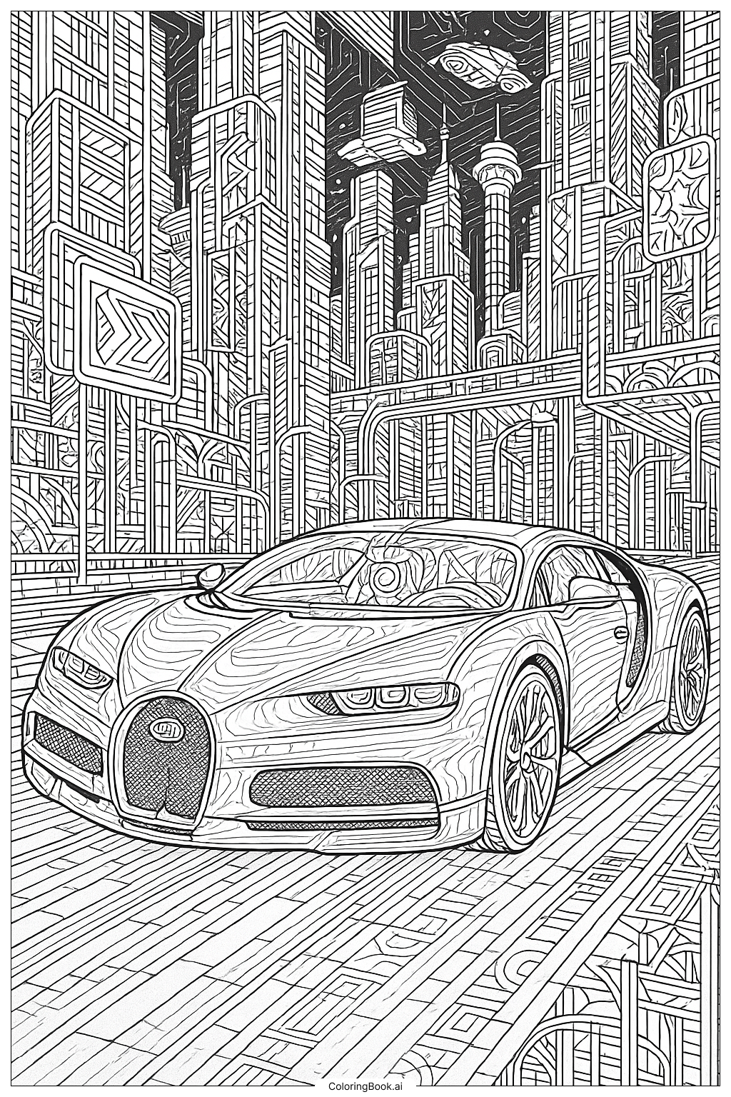  Bugatti In A Futuristic Neon City Coloring Page 