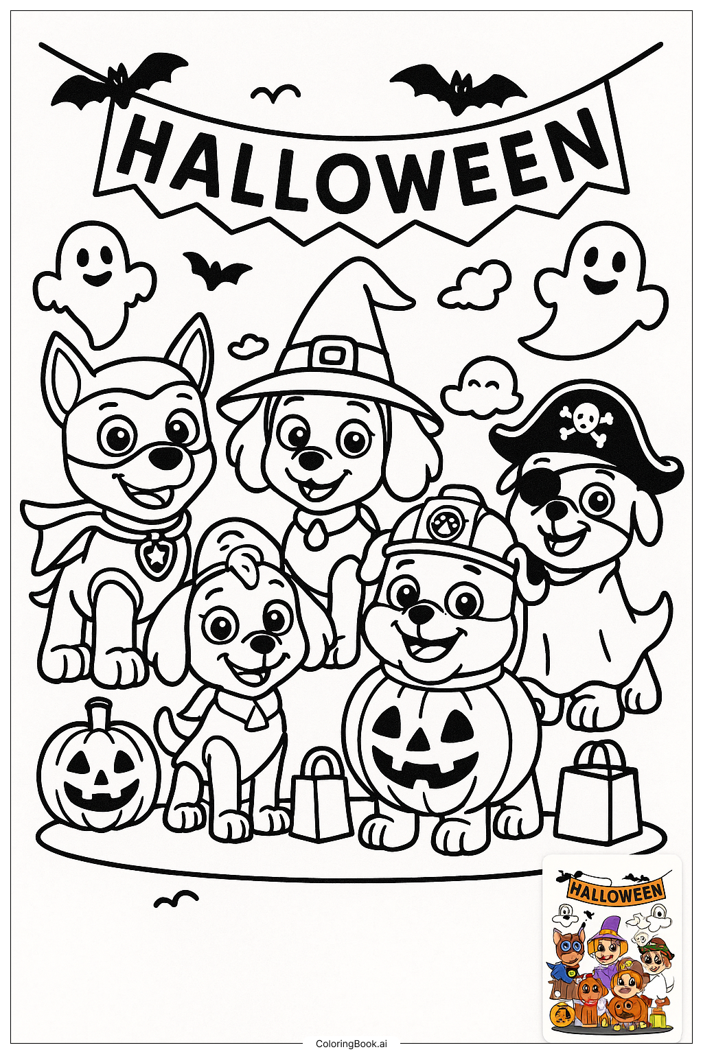  Página para colorir de Festa de Fantasias de Halloween da Patrulha Canina 