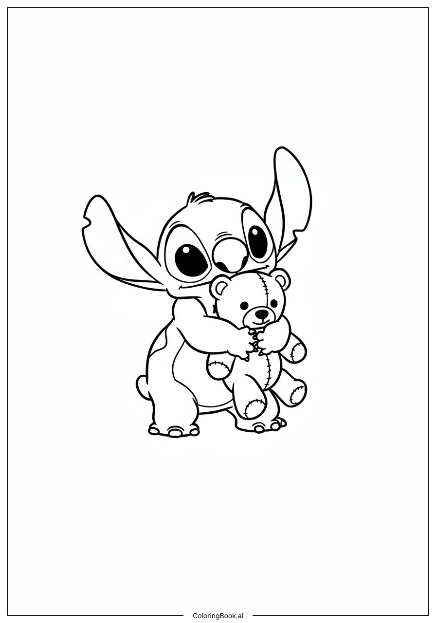  Página para colorear de Stitch abrazando un oso de peluche 