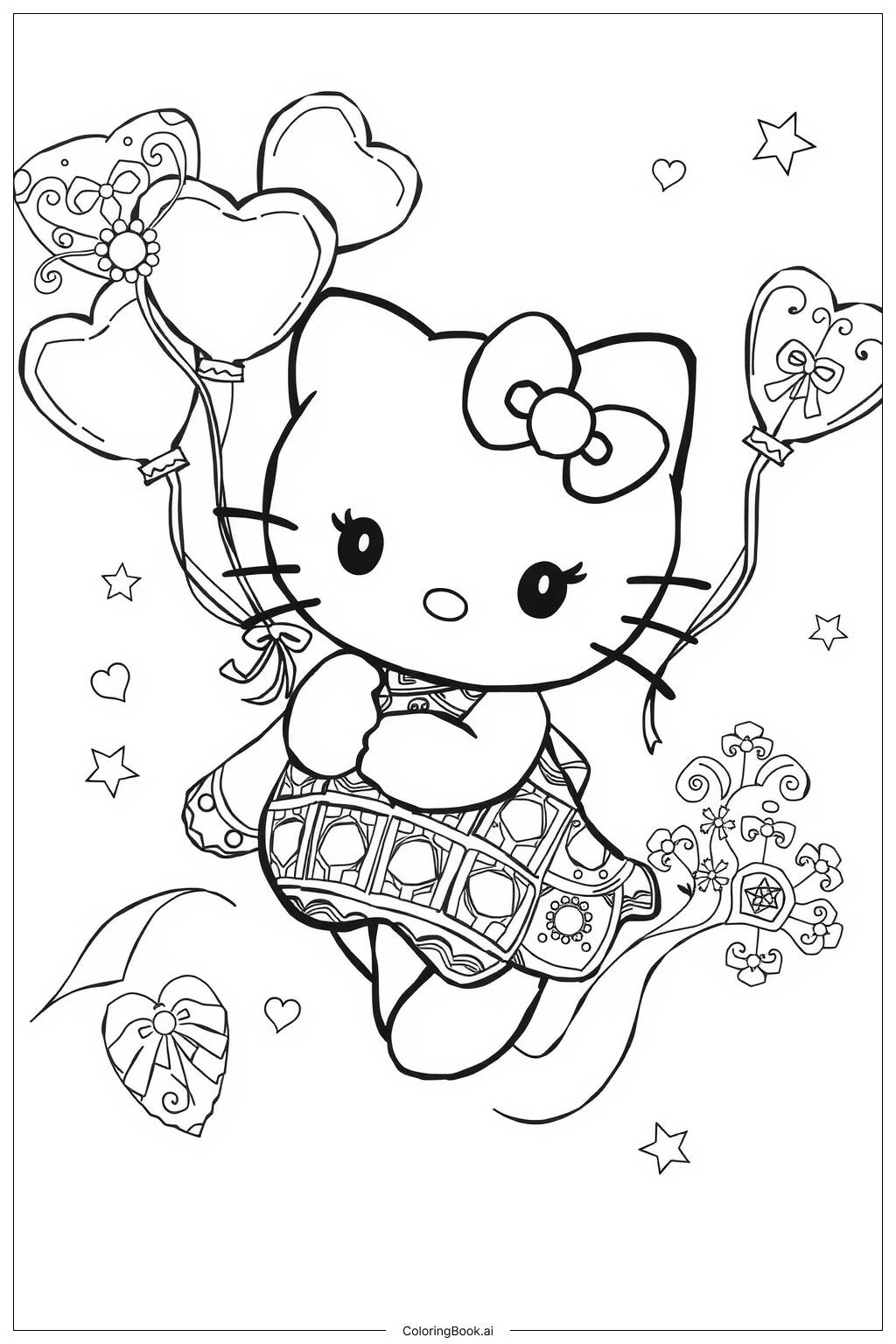  Página para colorear de Globos de Corazón con Hello Kitty 