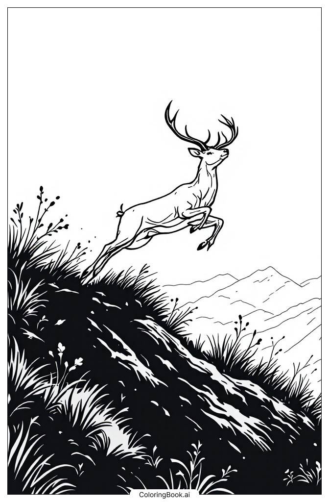  Page de coloriage Un cerf sautant sur une colline 