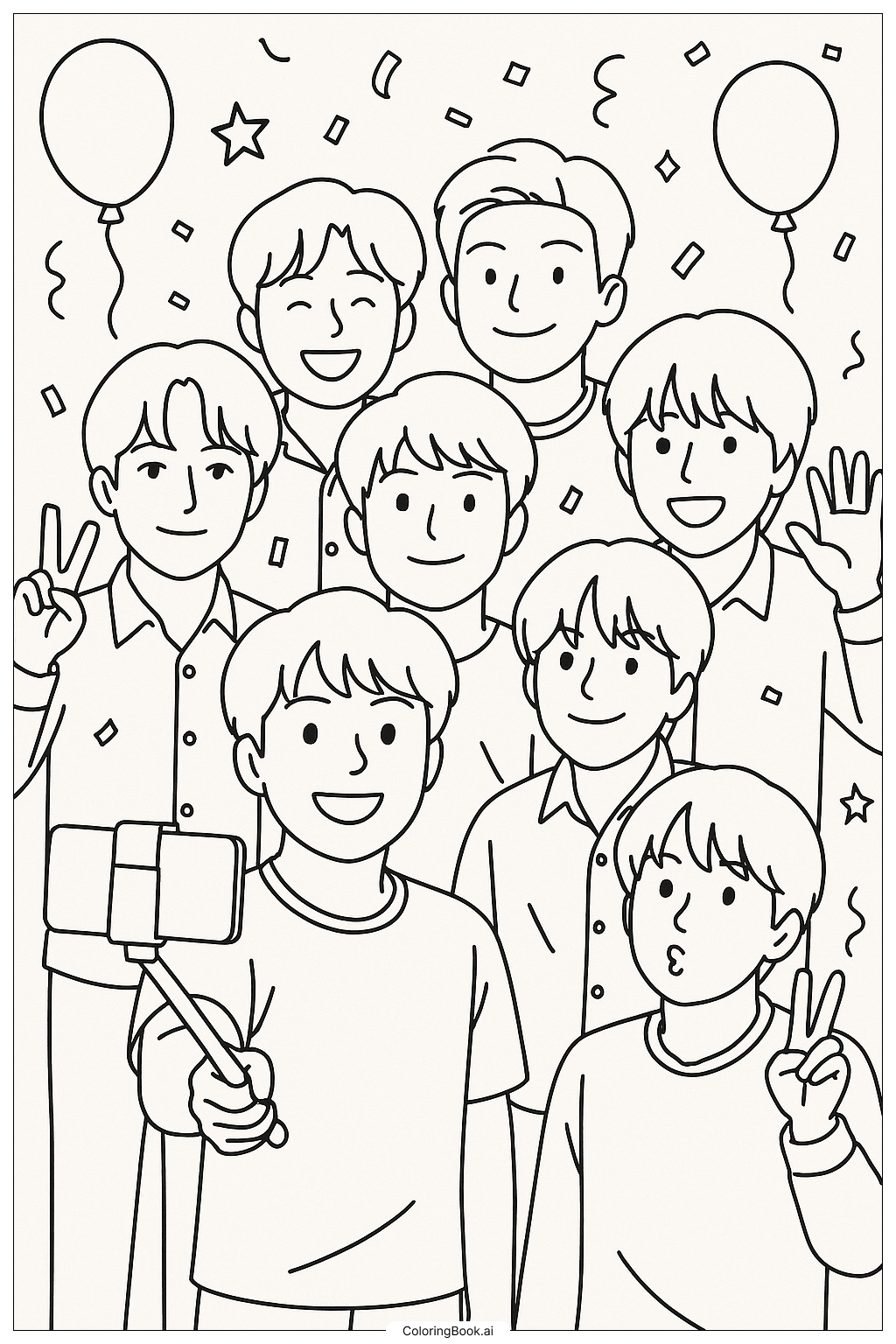  Page de coloriage BTS prenant un selfie de groupe 