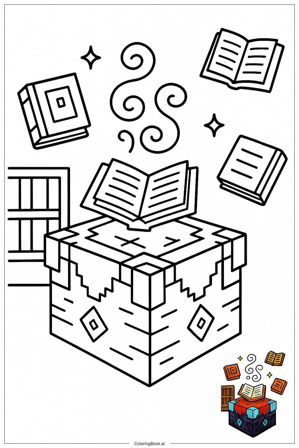  Minecraft 附魔台與書籍著色頁 