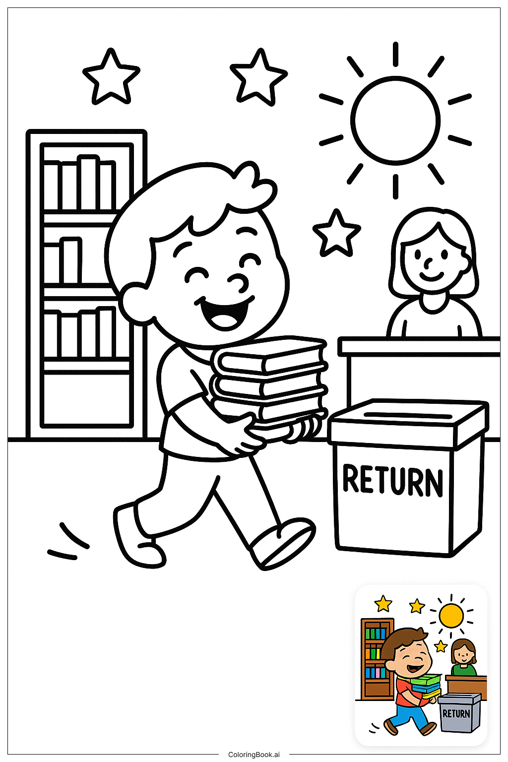  学校の最終日 図書館の本を返却の塗り絵ページ 