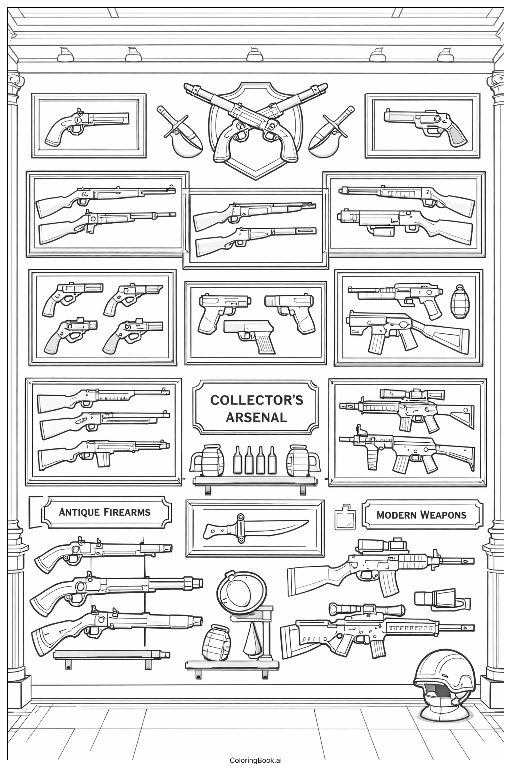  Elaborate Gun Collection on Wall Coloring Page 