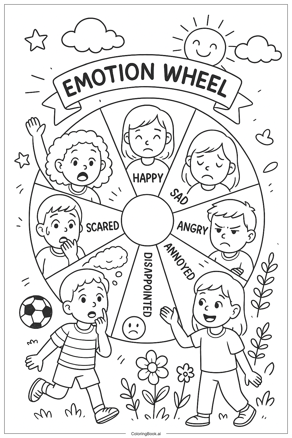Página para colorear de Rueda de Emociones Salud Mental