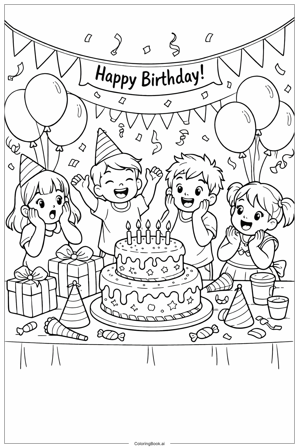  Gefühl Geburtstagsparty-Szene Ausmalseite 