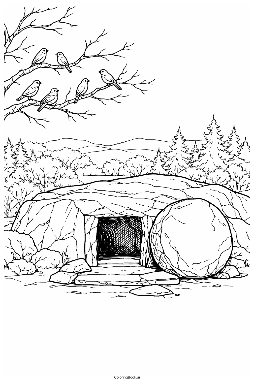  Trang tô màu Mộ Trống Với Chim và Cây 