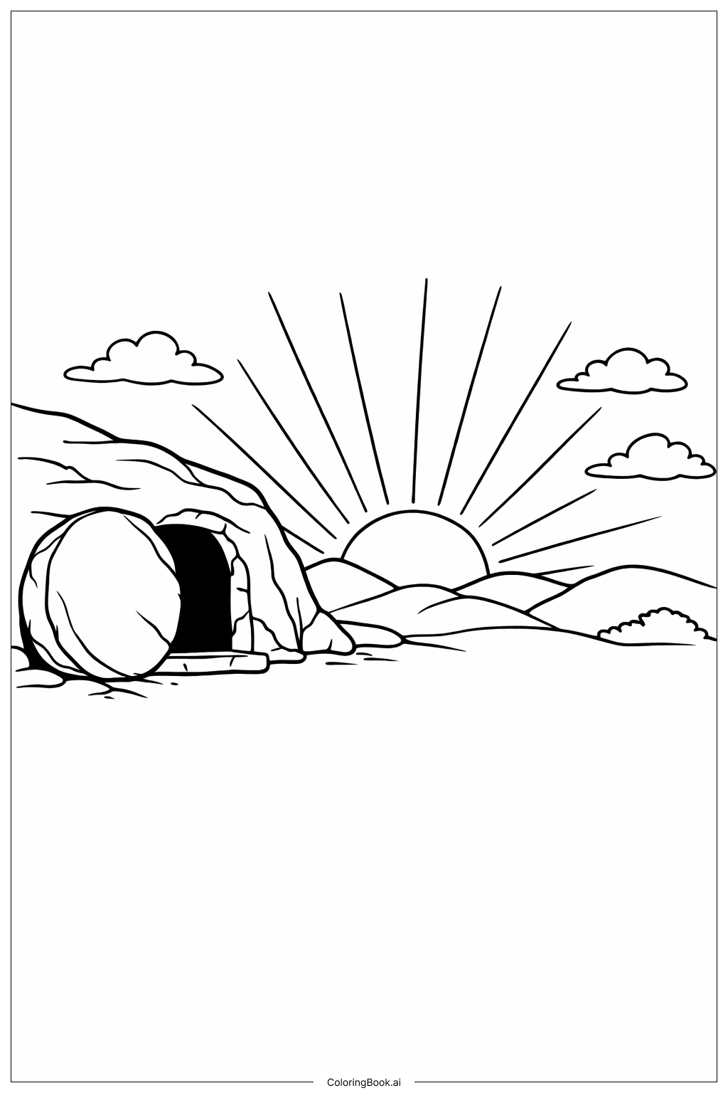Leeres Grab mit Sonnenaufgang Ausmalseite