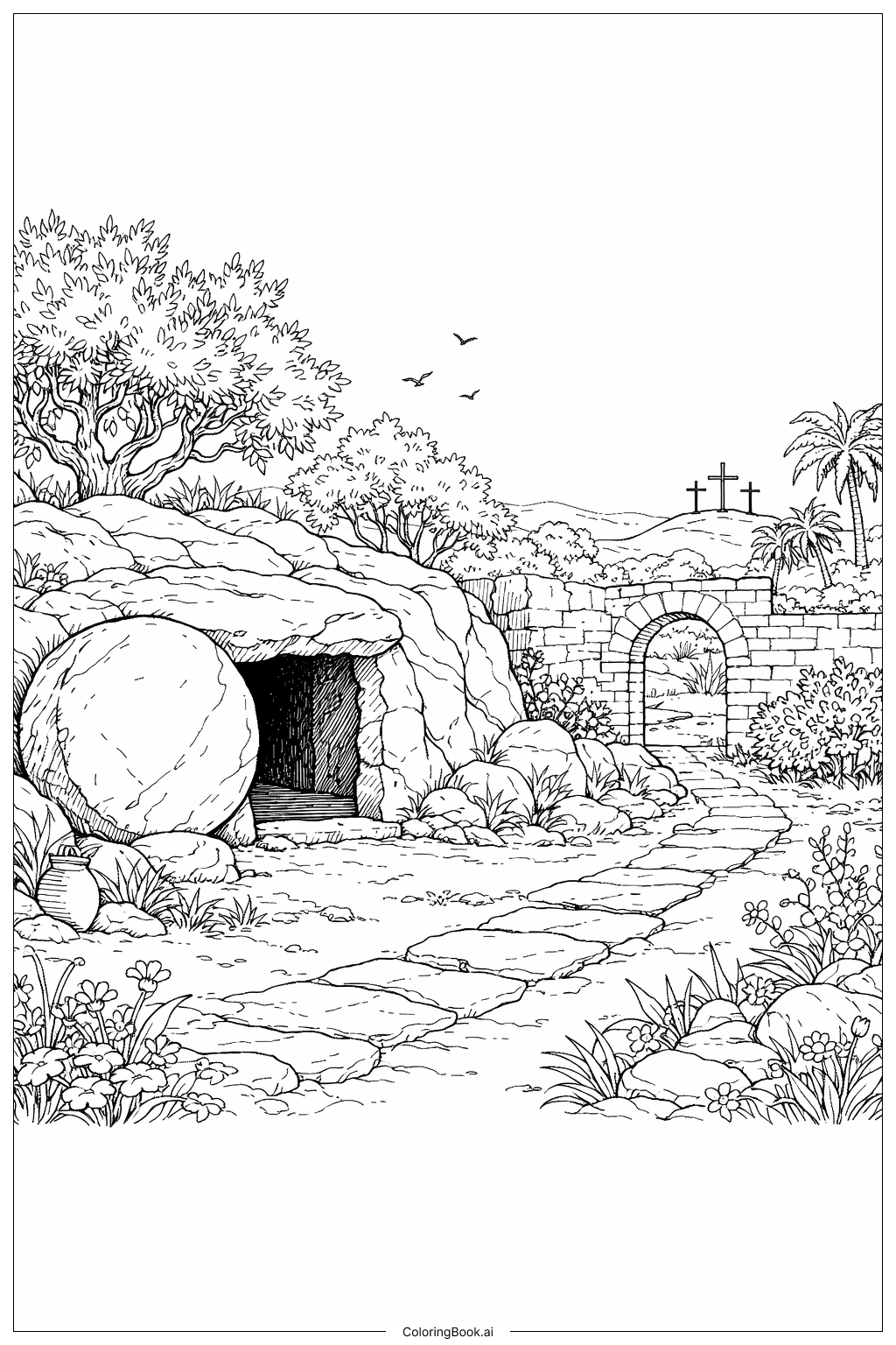  Trang tô màu Mộ Trống Với Cảnh Vườn Rộng 