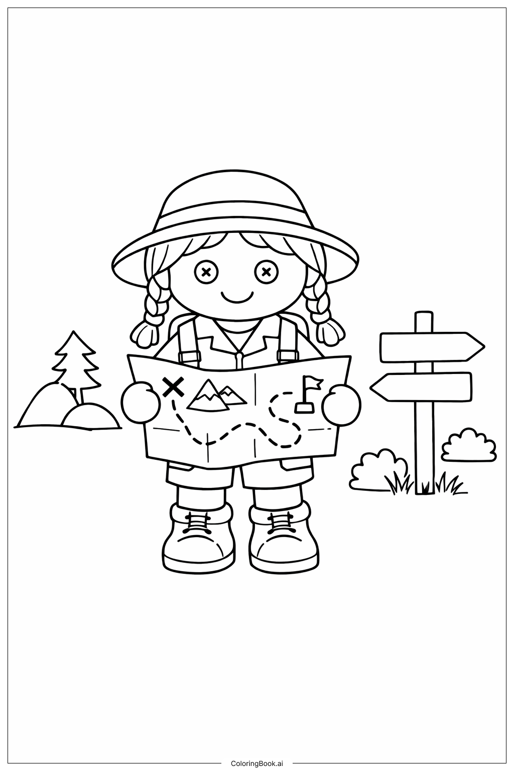 拿著地圖的探險娃娃著色頁