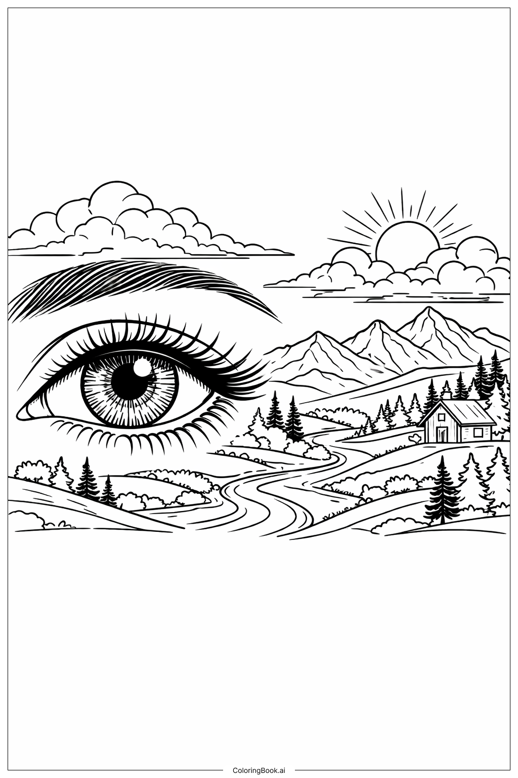 Auge mit mehrschichtigem Landschaftshintergrund Ausmalseite 