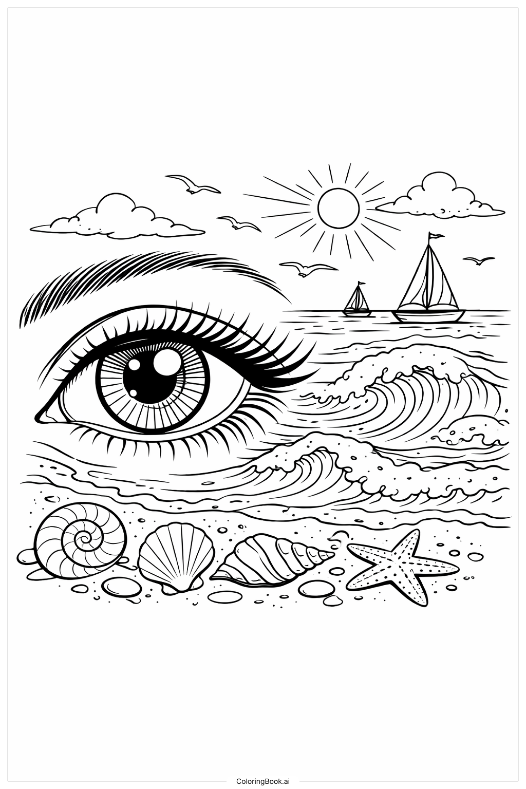 Trang tô màu Con Mắt Với Cảnh Biển Nền