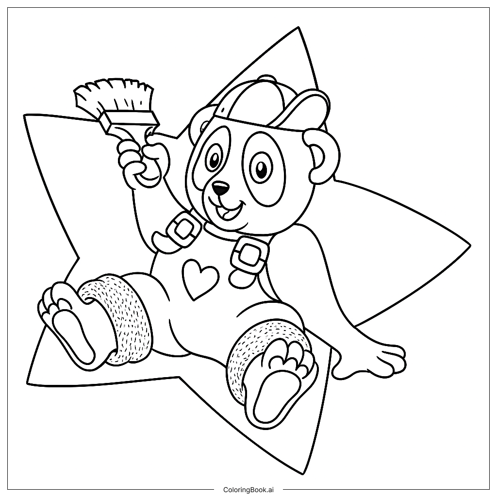  Page de coloriage Un Panda en Salopette, Tenant un Pinceau avec de la Peinture Arc-en-Ciel. 