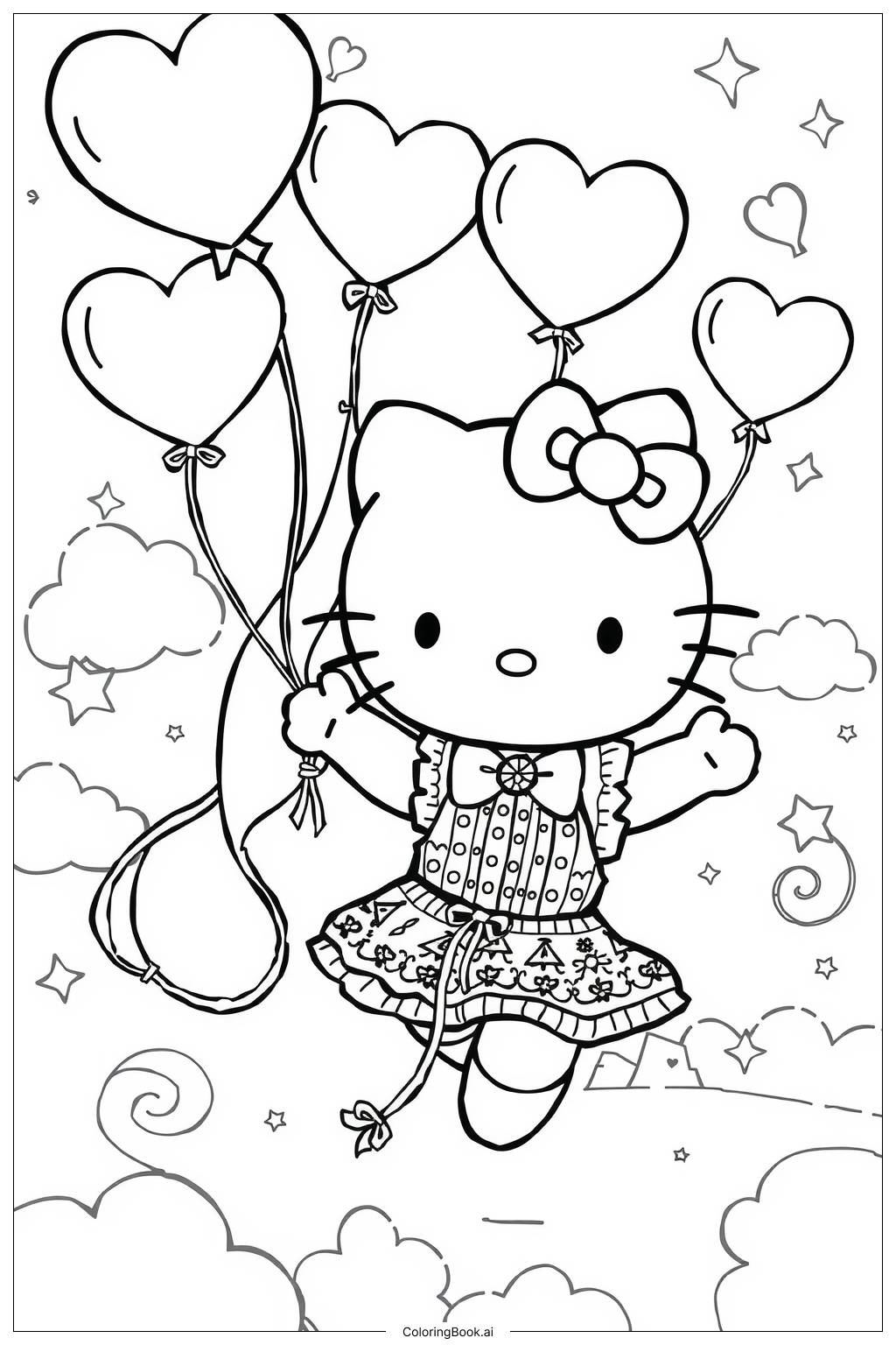  Página para colorear de Globos en Forma de Corazón con Hello Kitty-2 