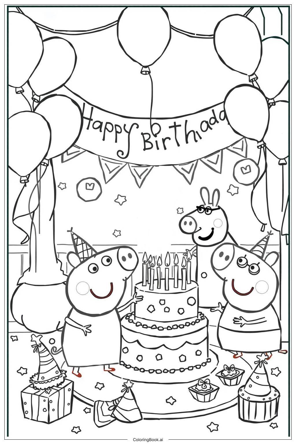  Página para colorear de peppa pig celebrando su cumpleaños con amigos-2 