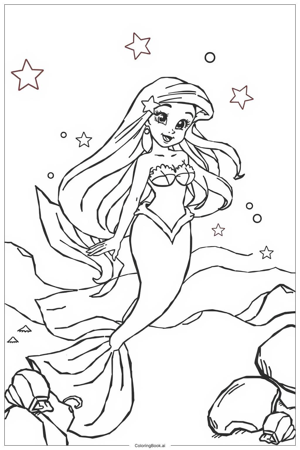  Page de coloriage Ariel se transformant en humaine sur la plage 