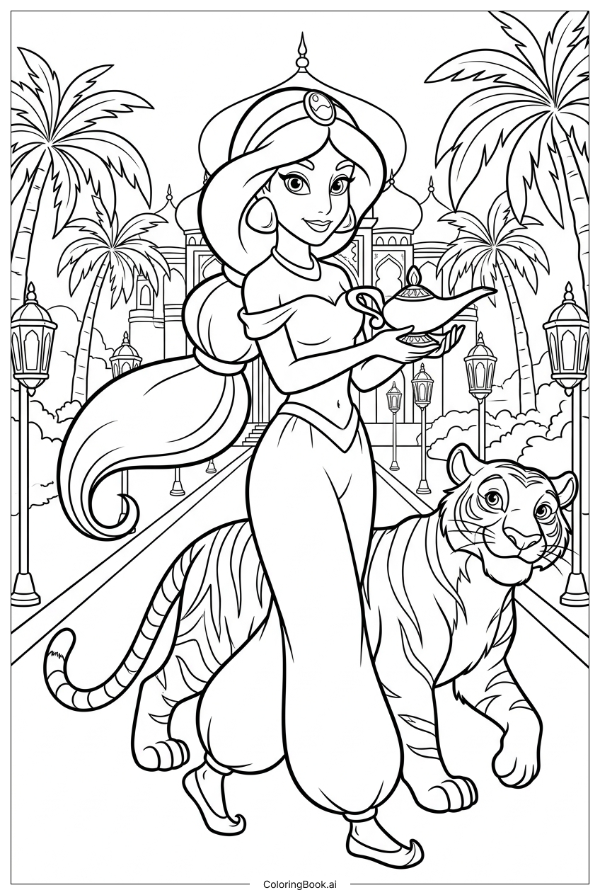  ディズニープリンセスがランプを持って宮殿の小道を歩くの塗り絵ページ 