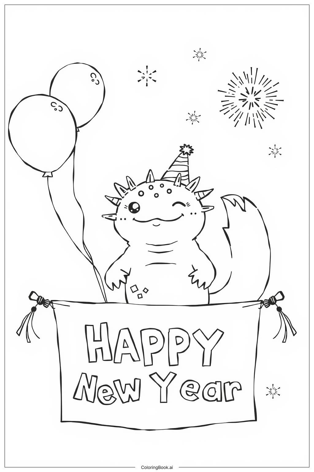  Page de coloriage Axolotl se préparant pour une surprise du Nouvel An 2025 