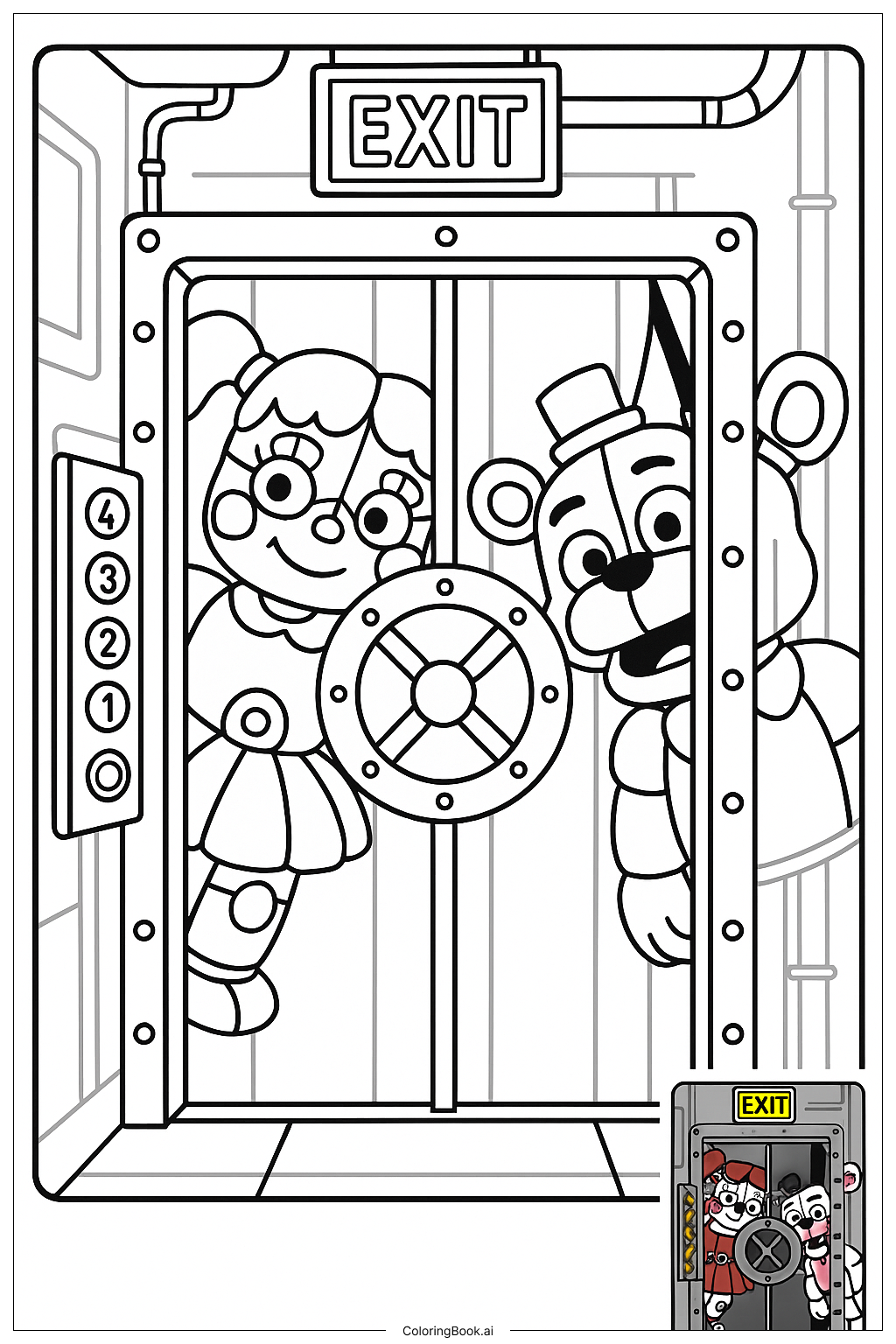  FNAF 자매 장소 엘리베이터 장면 색칠공부 페이지 