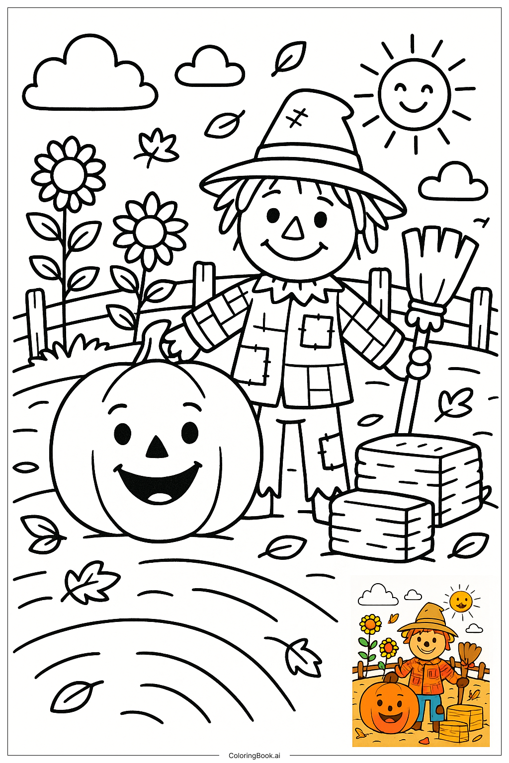  Página para colorear de Calabaza con Compañero Espantapájaros 