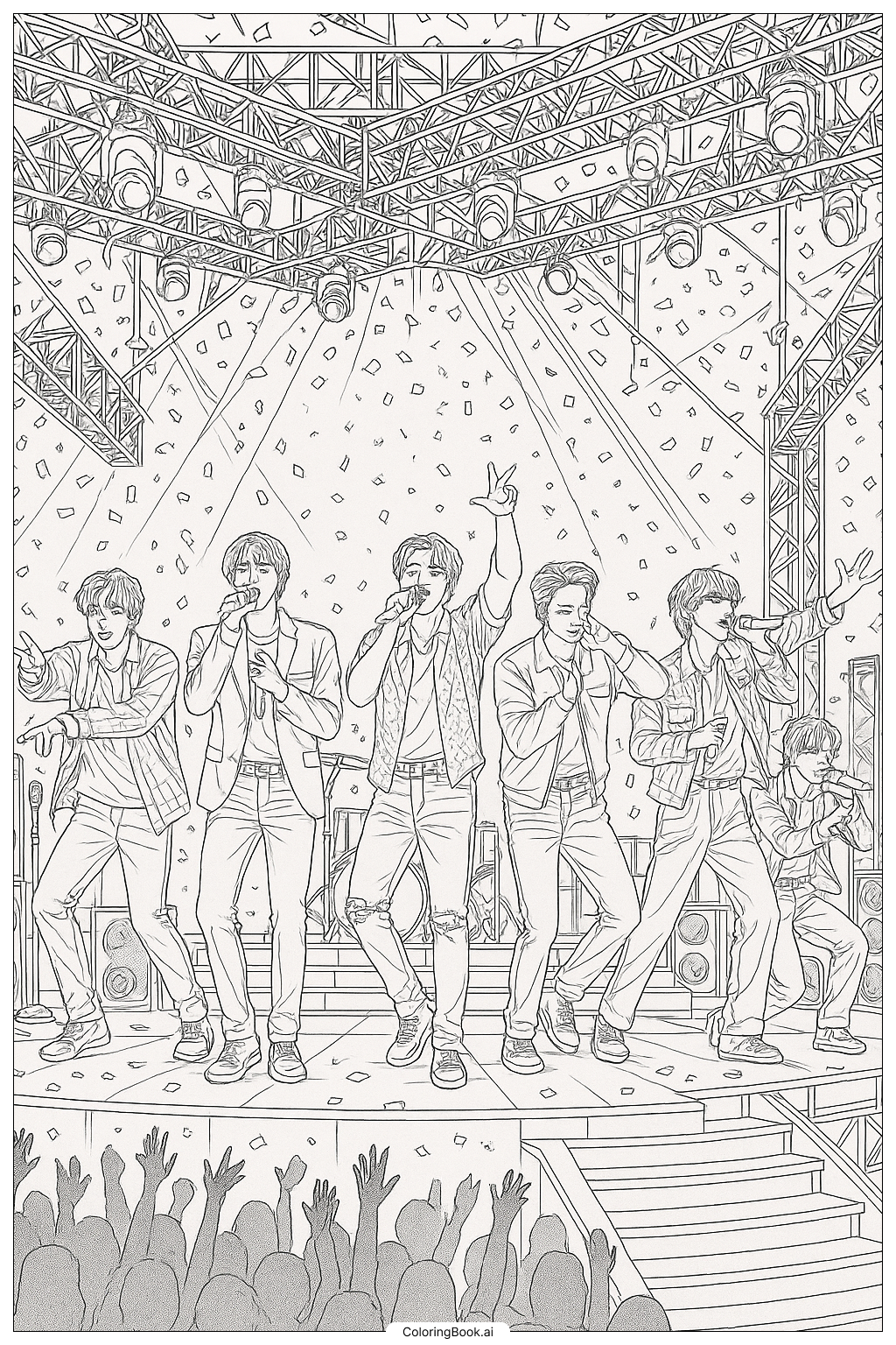  Page de coloriage BTS en train de se produire sur une grande scène 