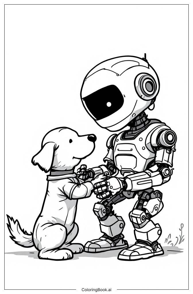  Página para colorear de Robot jugando con un perro 