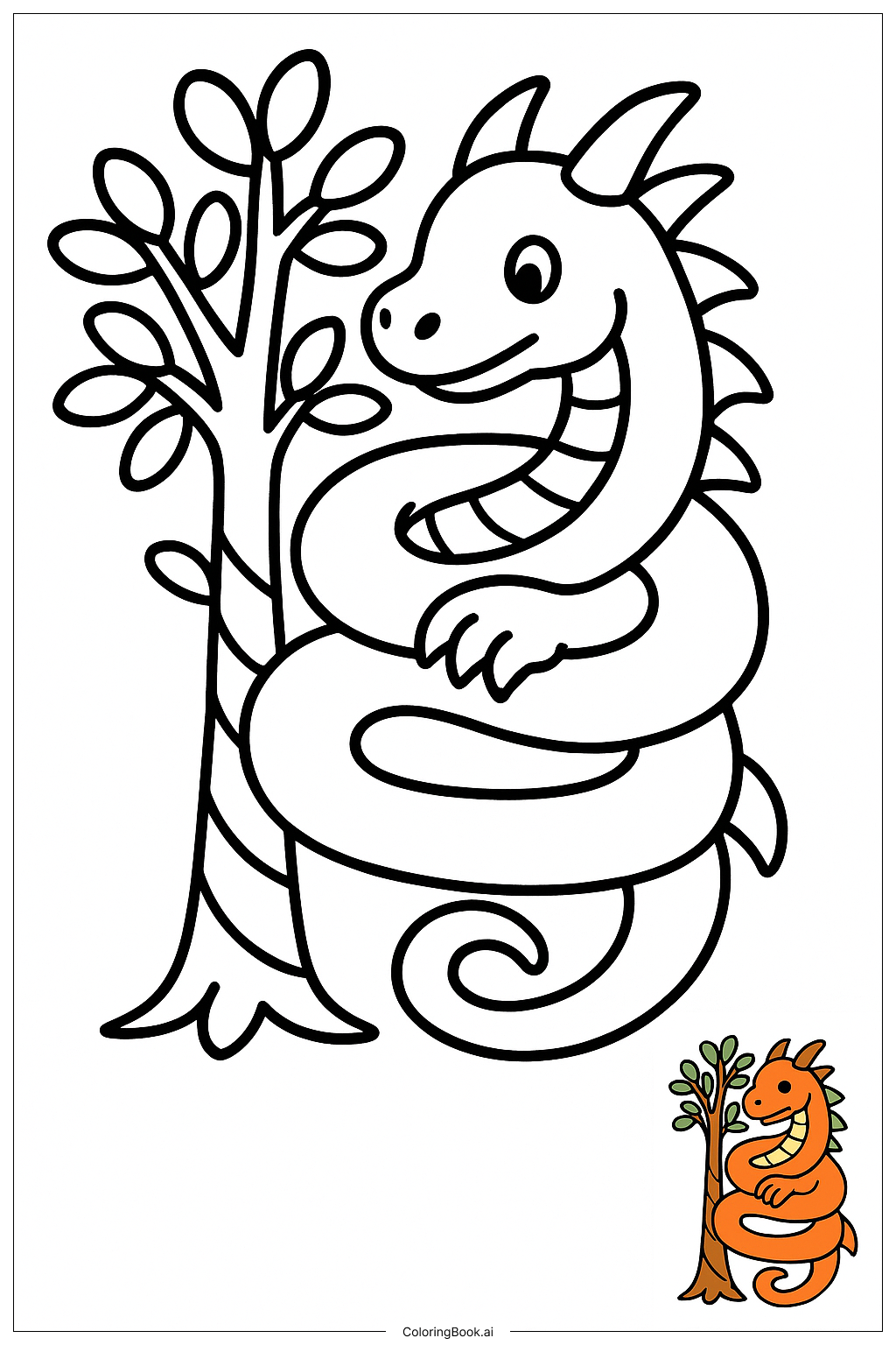  木の周りを巻くドラゴンの塗り絵ページ 