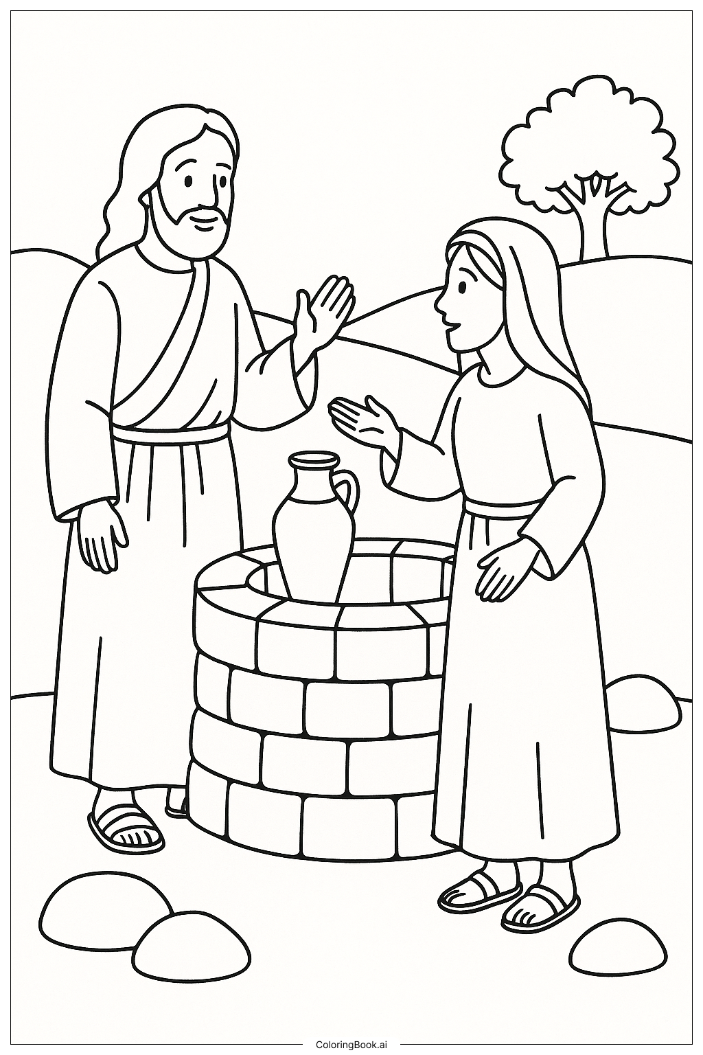 Página para colorear de Jesús y la mujer en el pozo