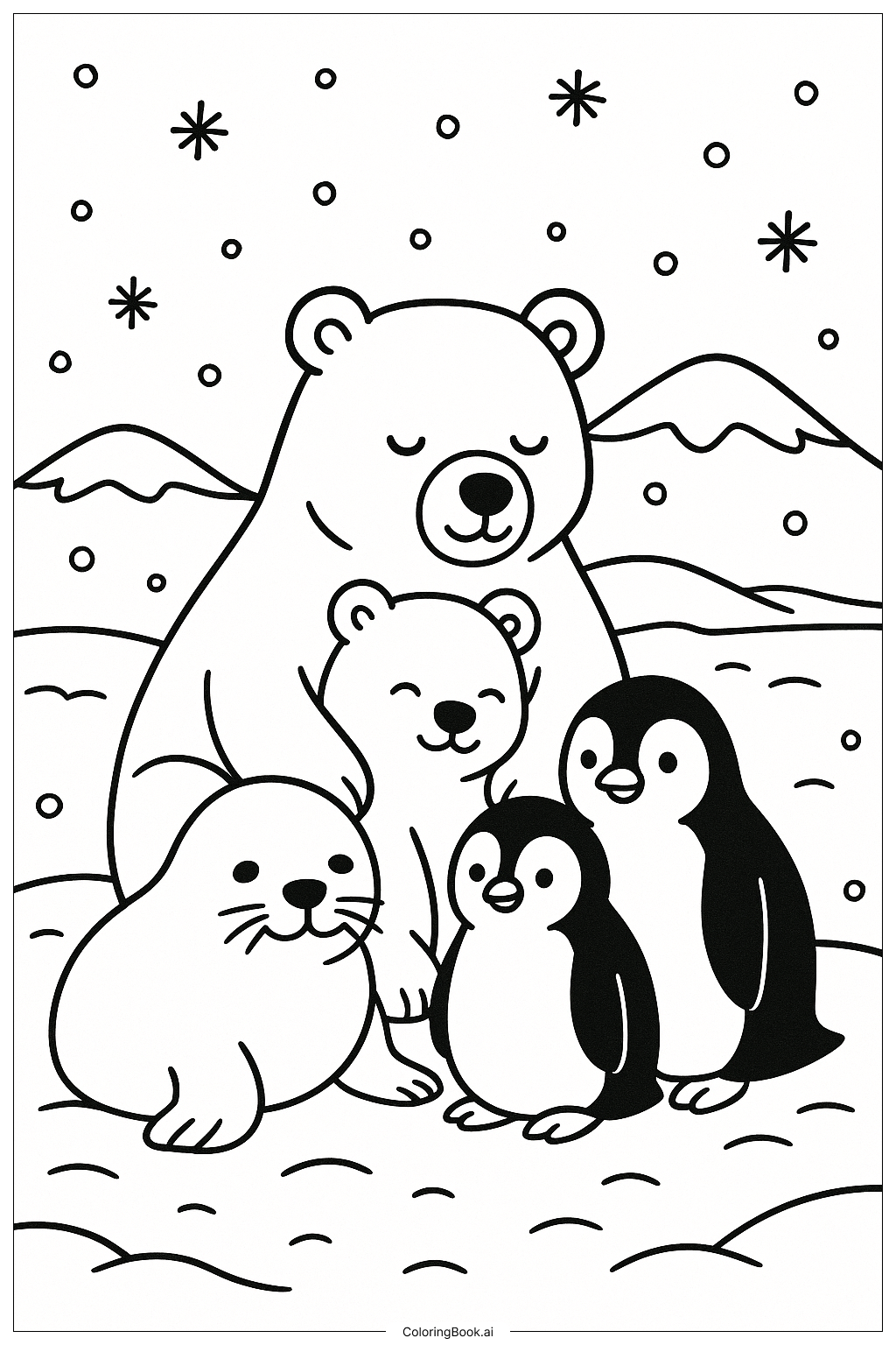  温かさのために寄り添う北極の動物たちの塗り絵ページ 