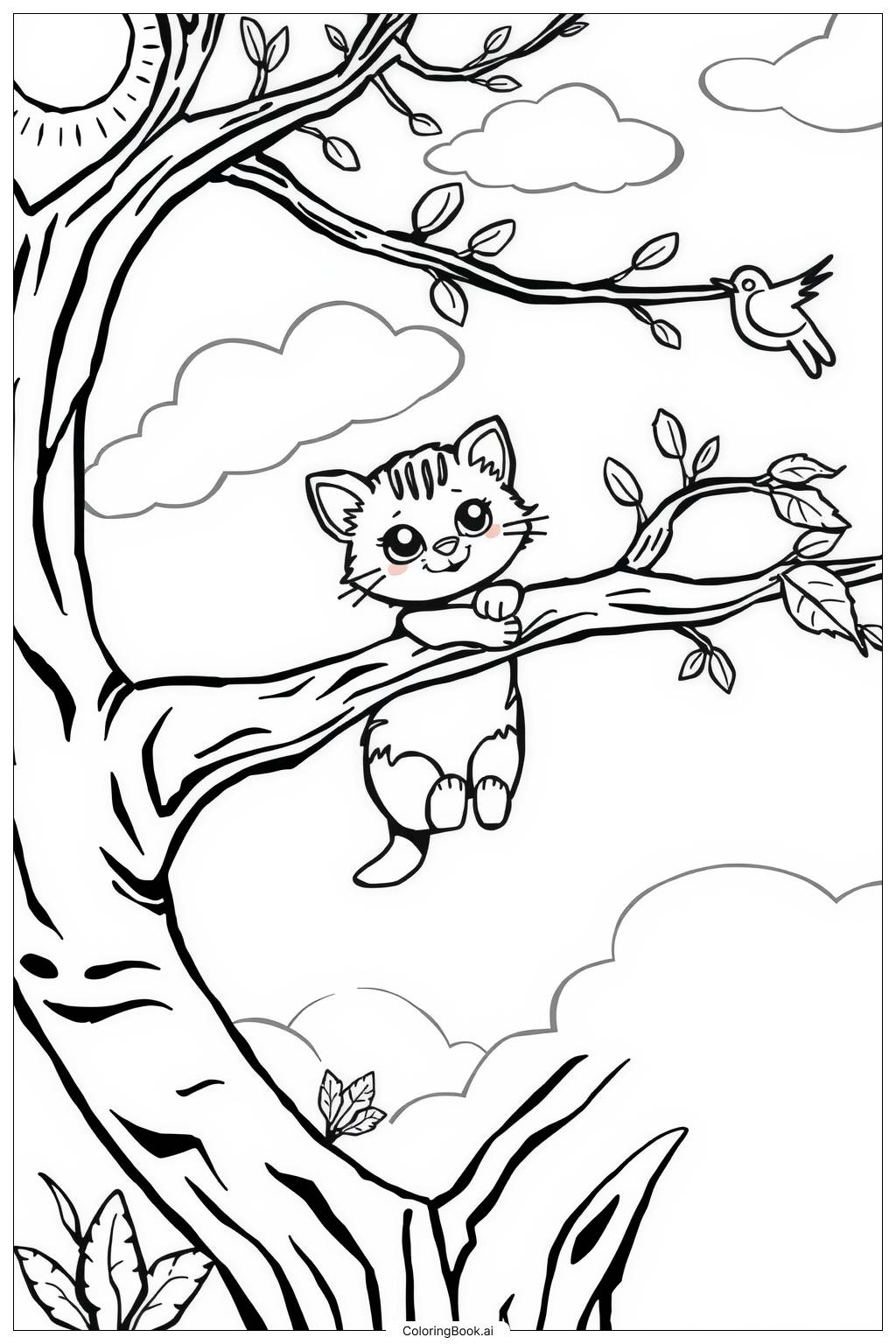  Página para colorear de Gatito trepando una rama de árbol 