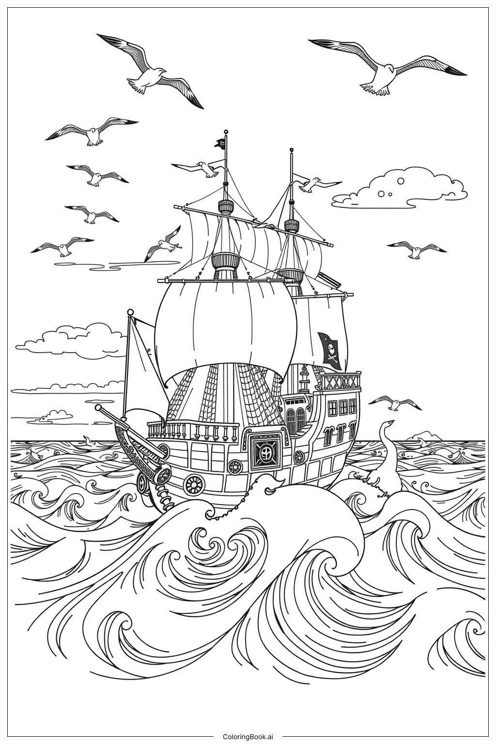 波のある海の海賊船-2 塗り絵ページ（無料のPDF＆PNGプリント）