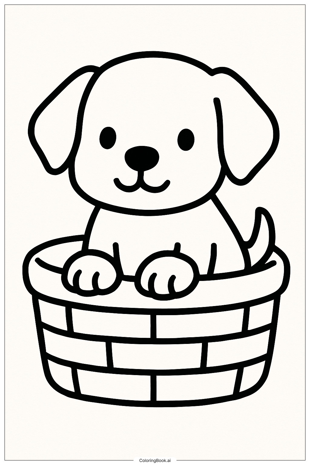  Page de coloriage Un chiot confortable dans un panier 