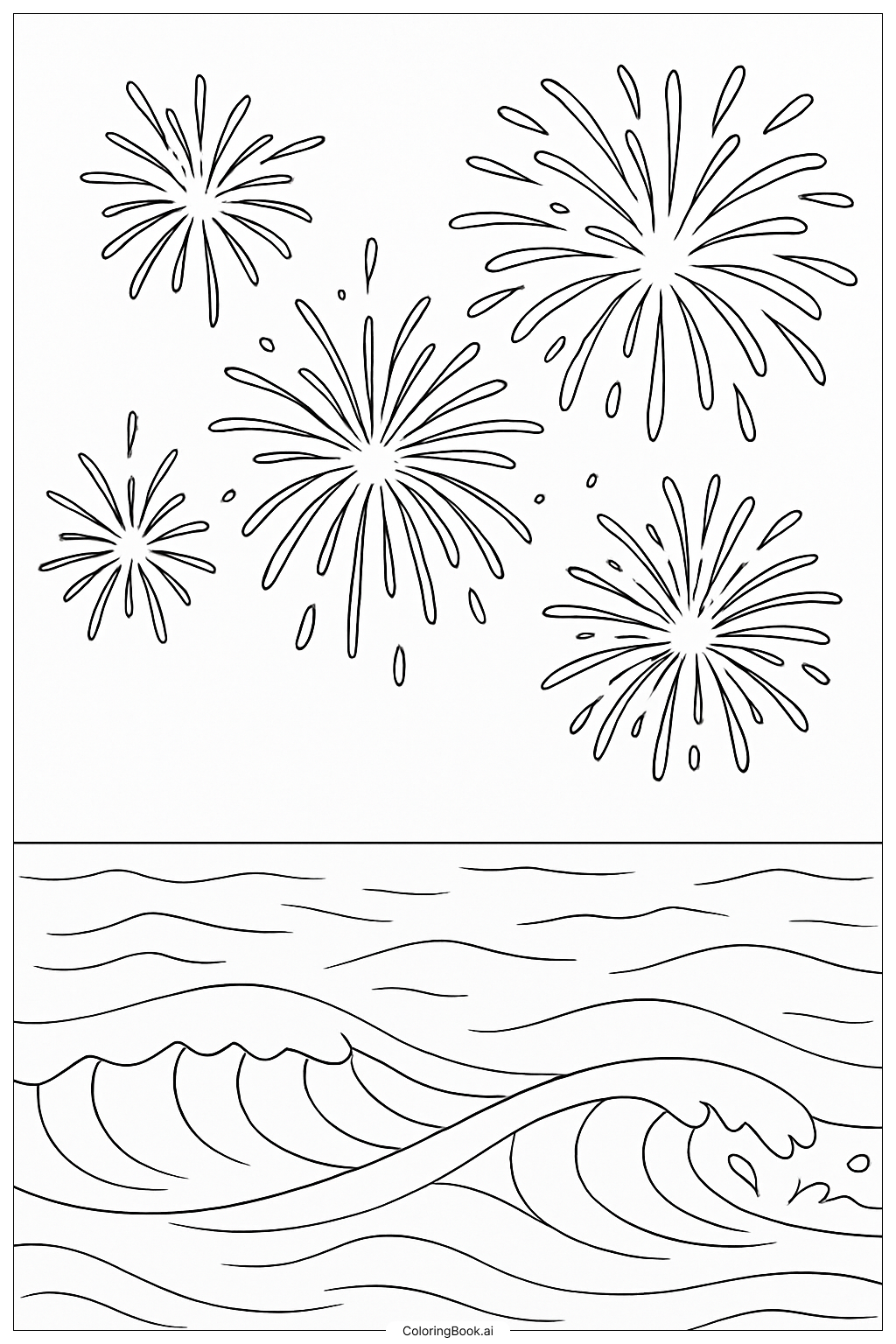 Fireworks Over A Calm Ocean Coloring Page
