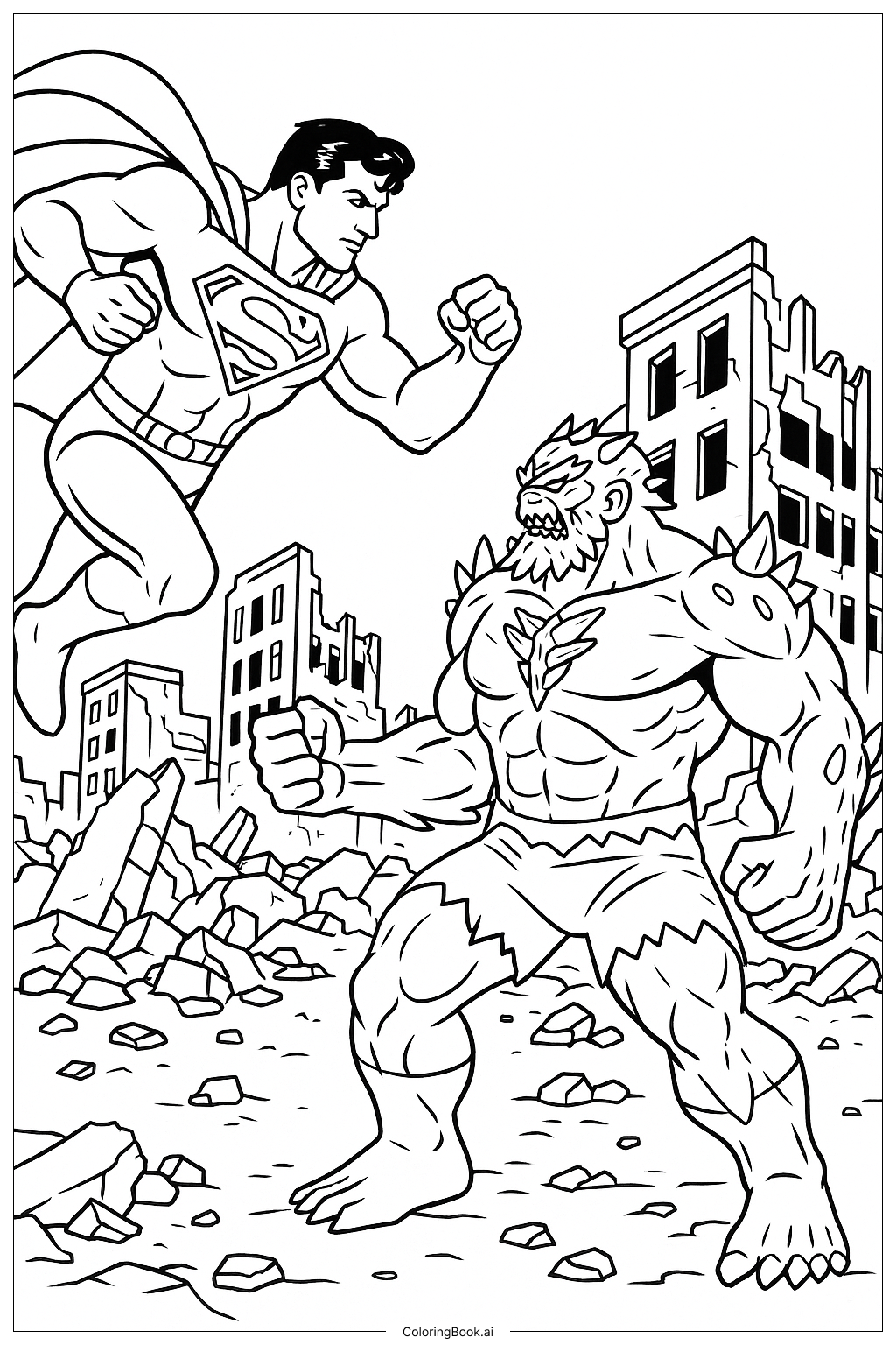  Página para colorear de Superman luchando contra Doomsday en una ciudad destruida 