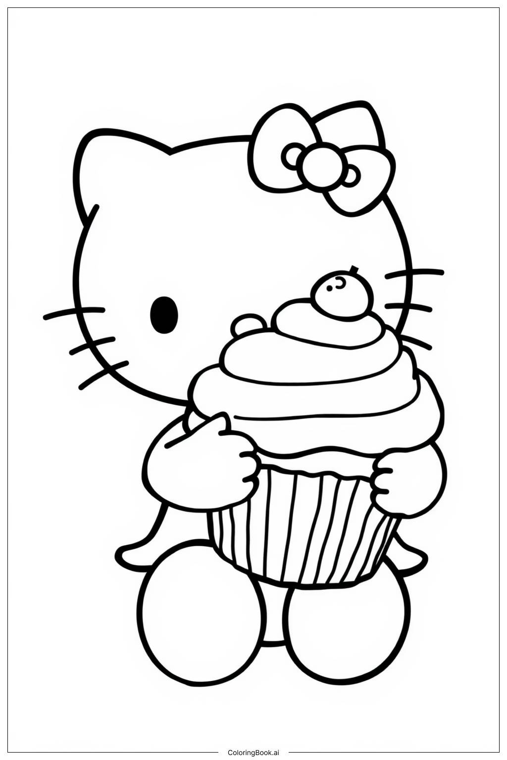  Página para colorir de hello kitty com um cupcake 