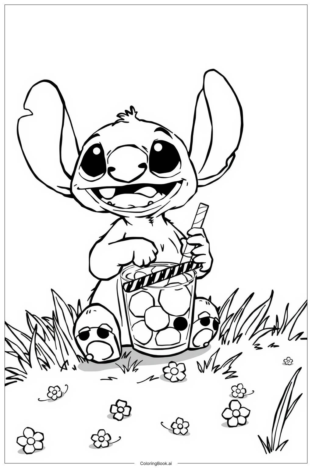 Stitch with Boba Drink Coloring Page (Free PDF&PNG Printable)